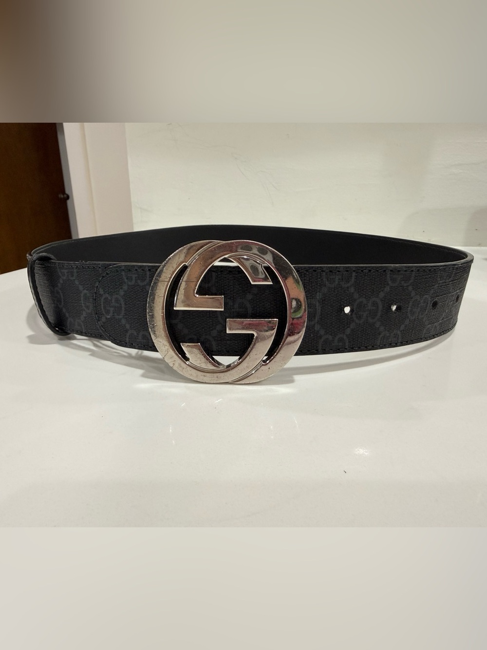 Gucci Black GG Monogram Belt with Silver Double G Buckle